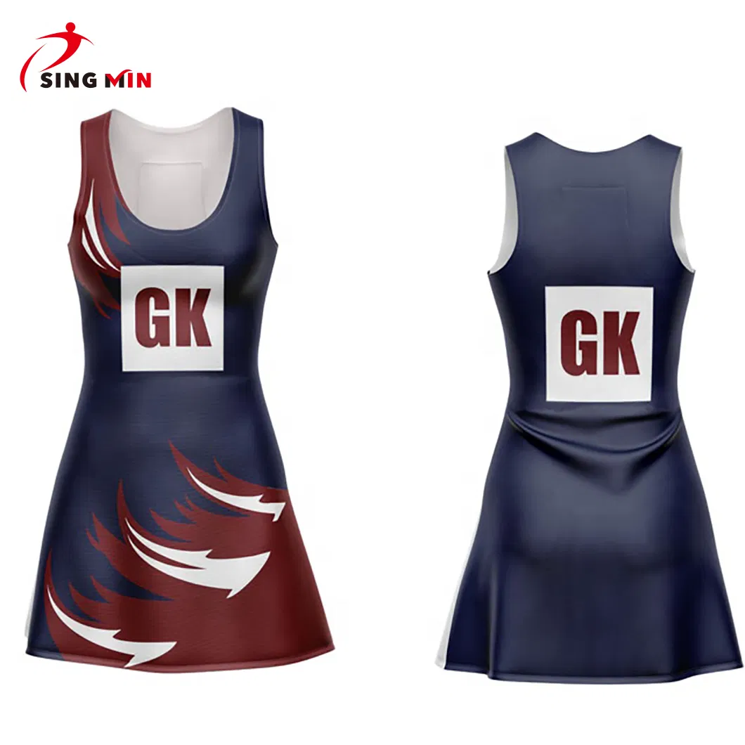 Großhandel kundenspezifische Netball-Uniformen mit vollem Sublimationsdruck Mädchen-Design Netball-Kleider